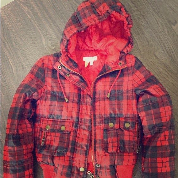 H&M Black and red plaid hooded puffer jacket - Picture 1 of 8
